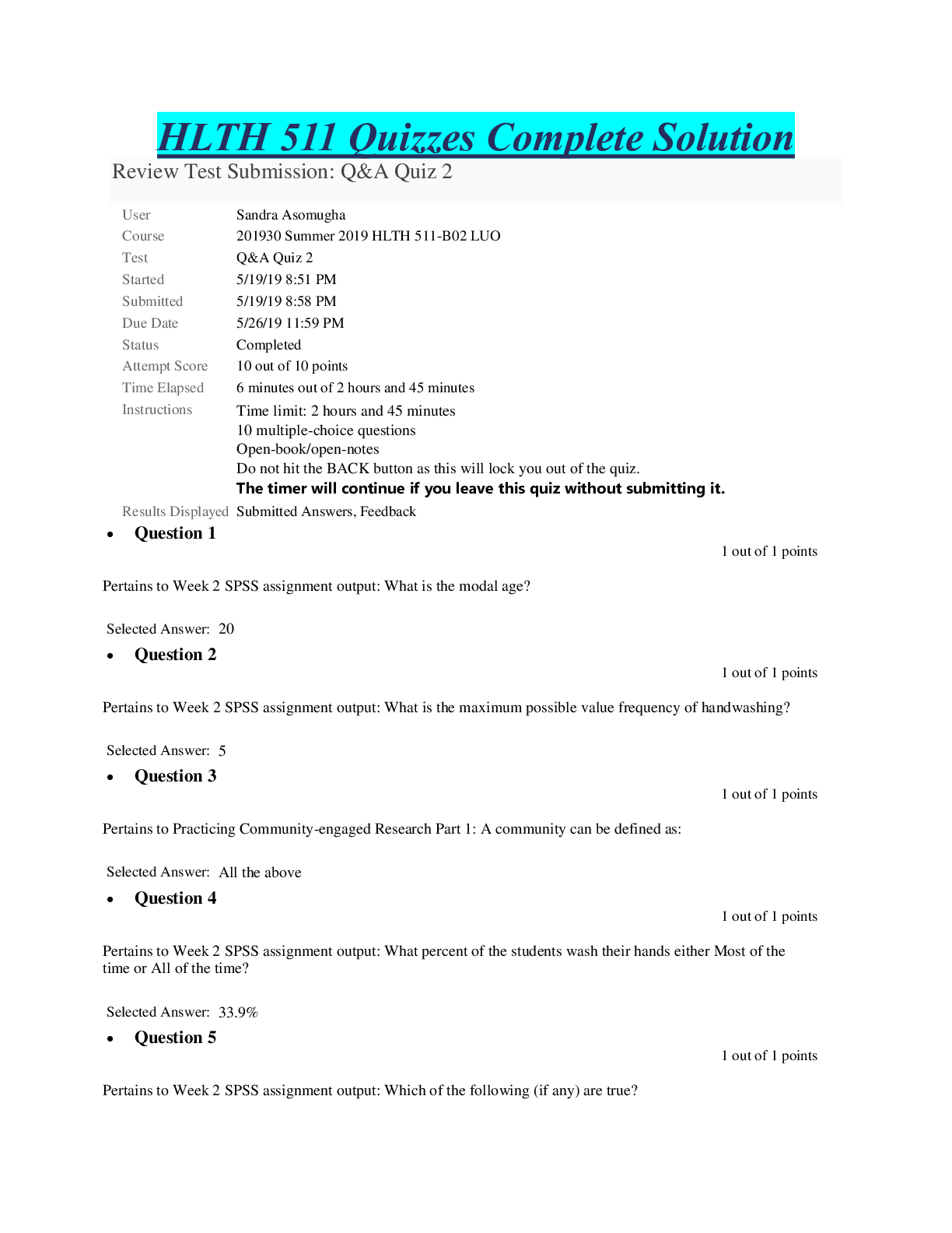 Preview image of HLTH 511 Quizzes Complete Solution document